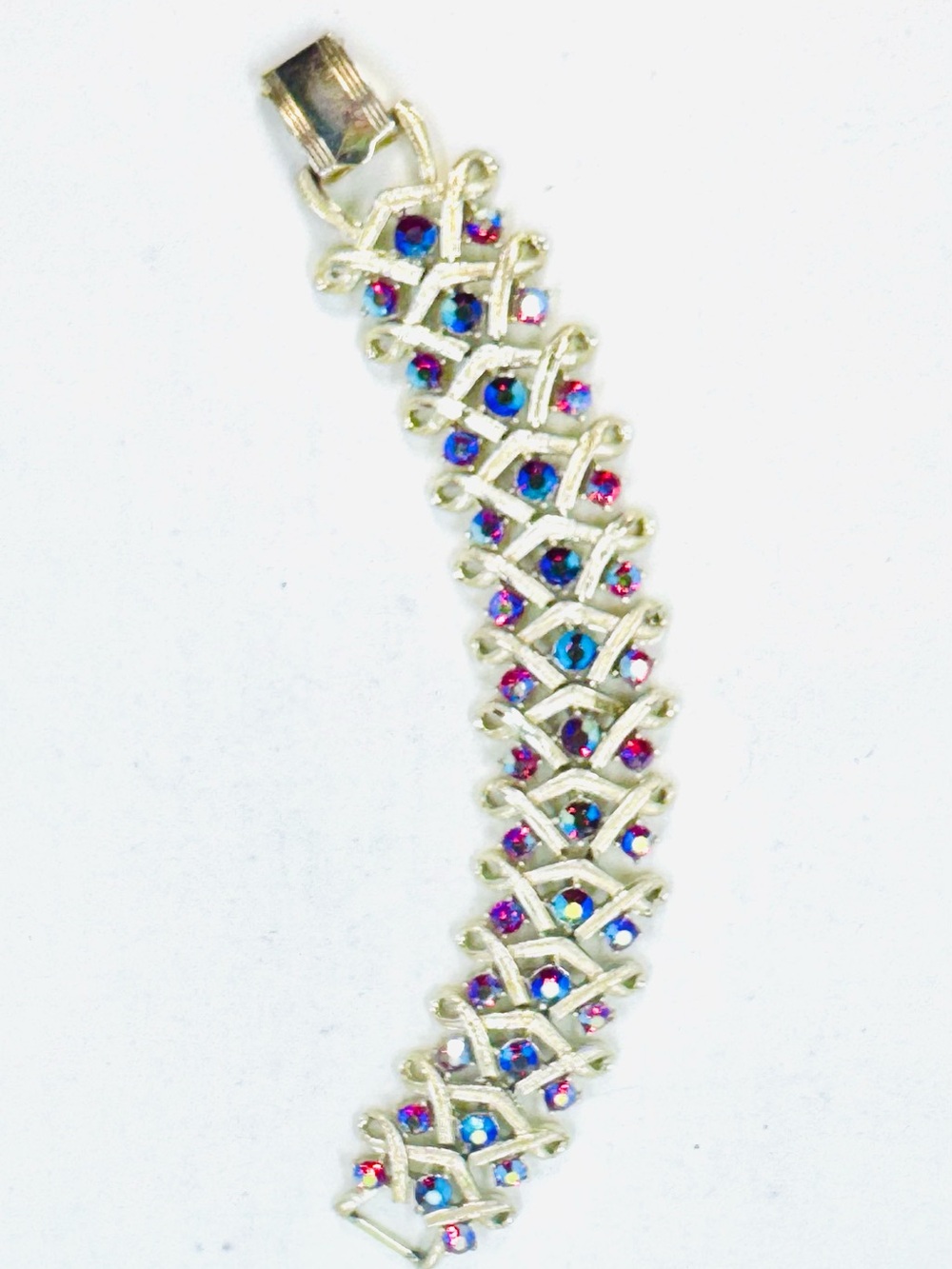 Vintage Silver Tone Pink Aurora AB Rhinestones Lattice Statement Bracelet 7”
